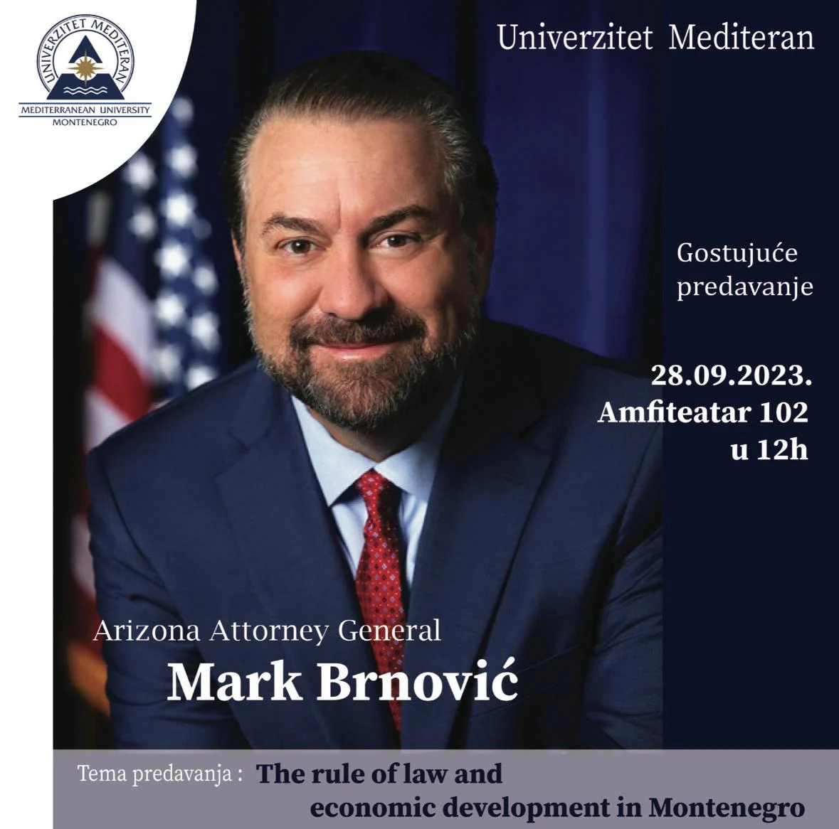 Generalni državni tužilac Arizone Mark Brnović održaće predavanje na Univerzitetu “Mediteran”