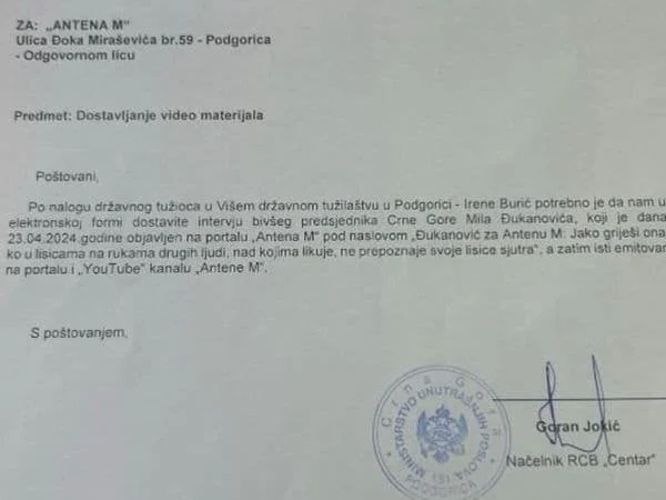 Tužilaštvo zatražilo od Antene M snimak intervjua sa Đukanovićem