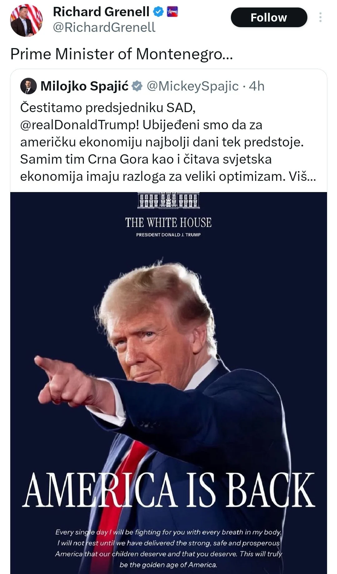 Ričard Grenel podijelio objavu crnogorskog premijera Spajića: "Američki san inspiriše crnogorski san"