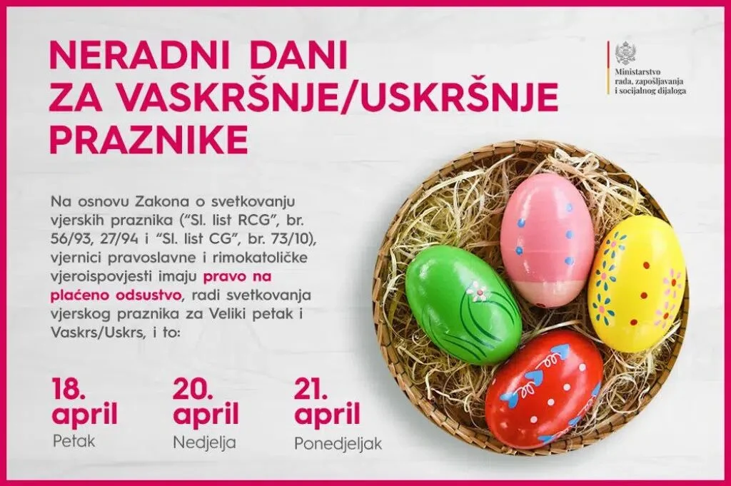 Povodom Vaskrsa neradni dani – petak, nedjelja i ponedjeljak