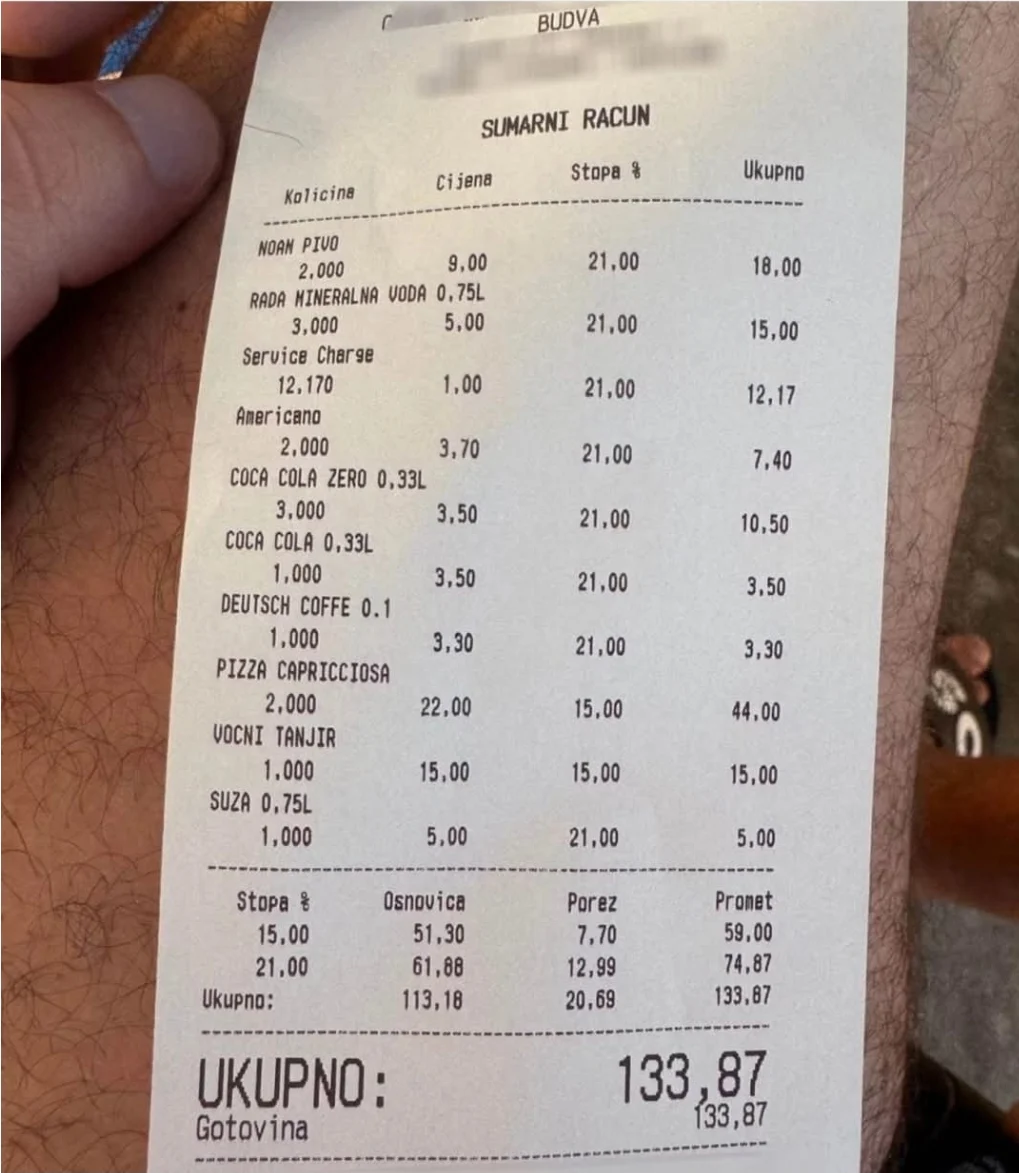 "Srdačan" doček turista u CG: Pivo devet eura, pica 22 eura…
