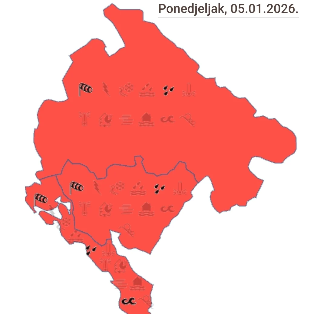 Sjutra crveni meteoalarm za čitavu Crnu Goru: Jaka kiša, vjetar i grmljavina, u planinama snijeg
