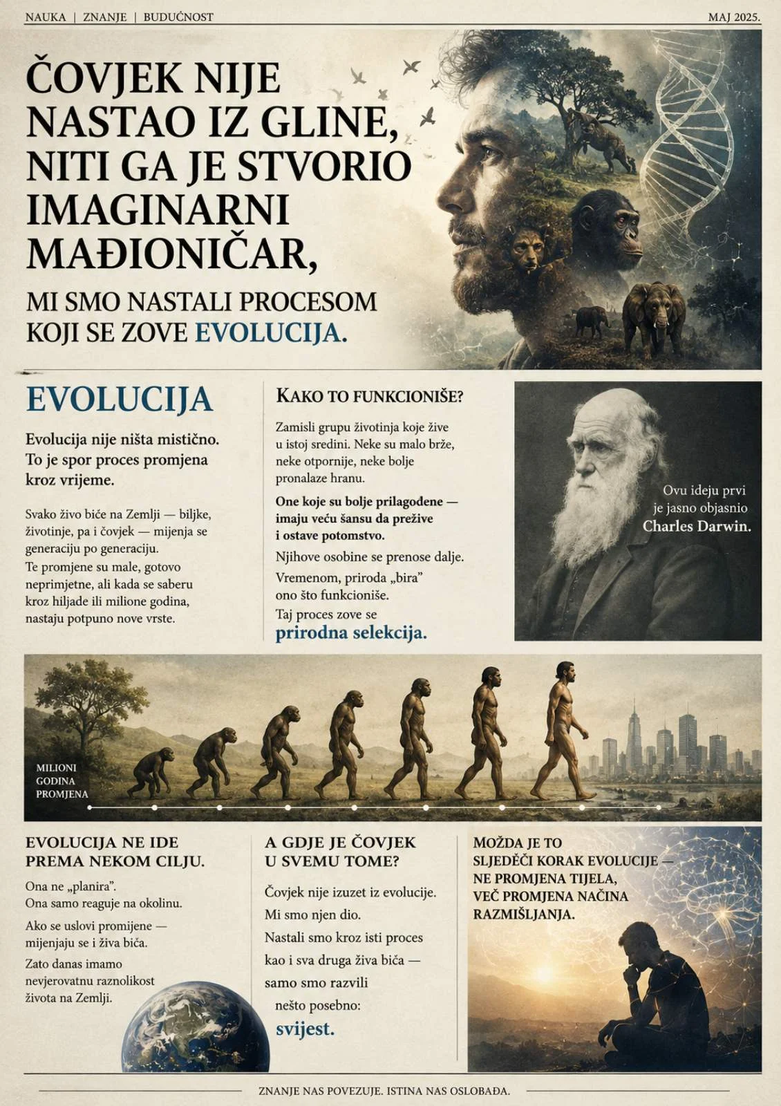 Čovjek nije nastao iz gline, niti ga je stvorio imaginarni mađioničar, mi smo nastali procesom koje se zove evolucija
