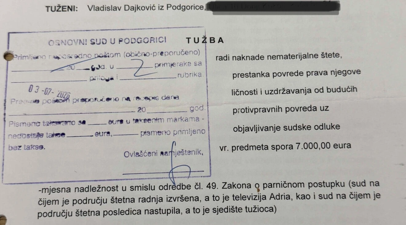 Đukanović i Prva banka tužili Dajkovića, traže 7.000 eura zbog povrede časti